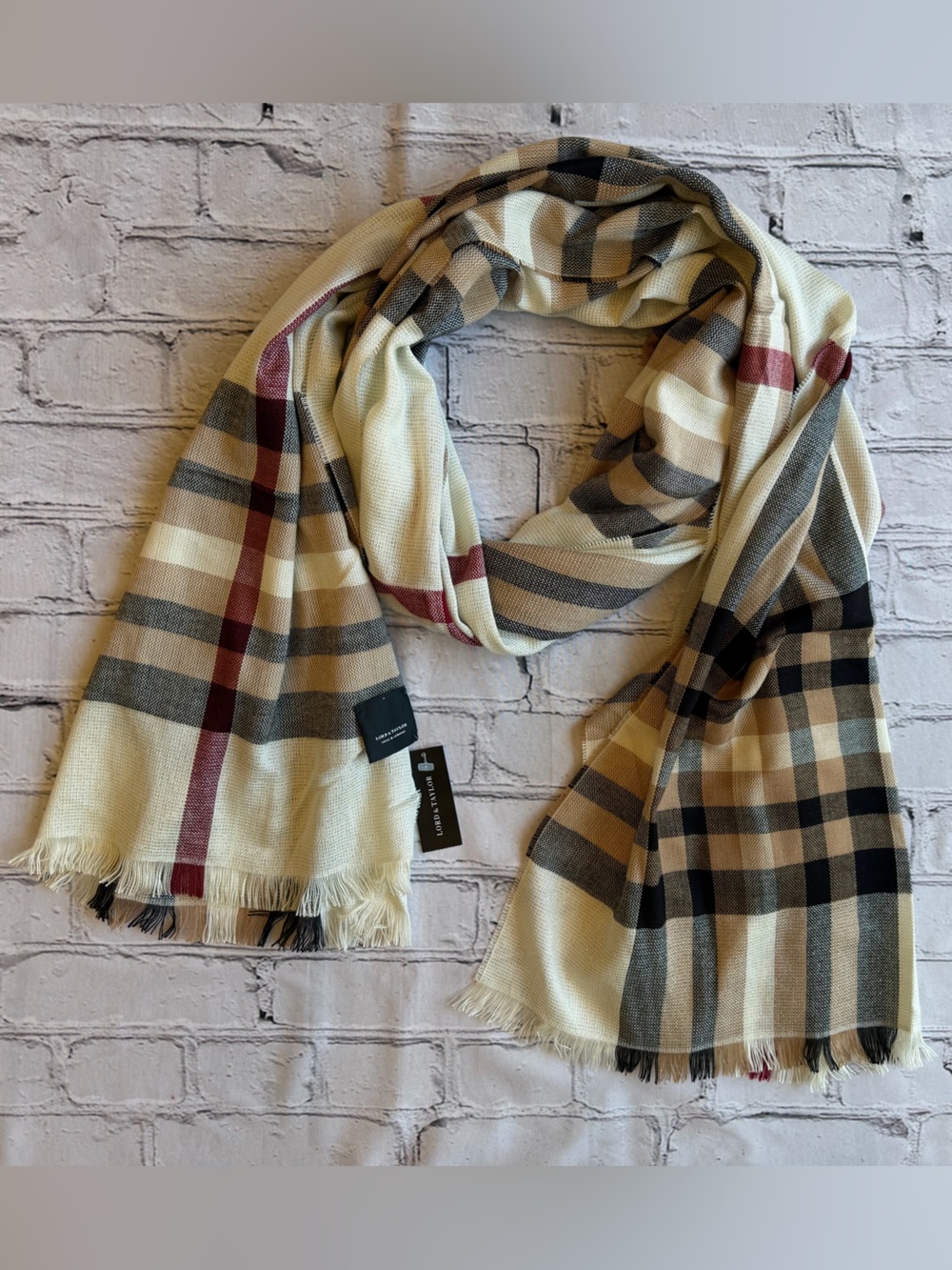 Lord & Taylor Metallic Plaid Lightweight Scarf Designer New NWT Neutral Classic